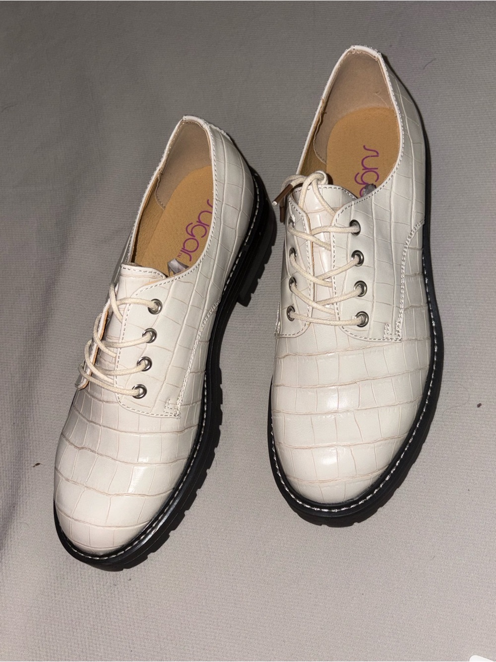 Sugar “Kaelie” Cream Croc-Embossed Lace-Up Oxford Shoes